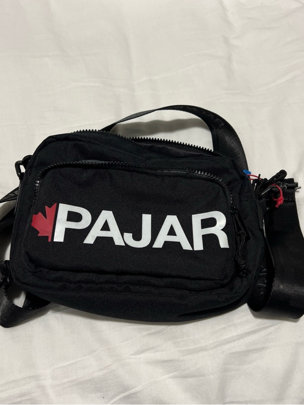 Pajar Black Crossbody Belt Bag with White Logo and Red Leaf